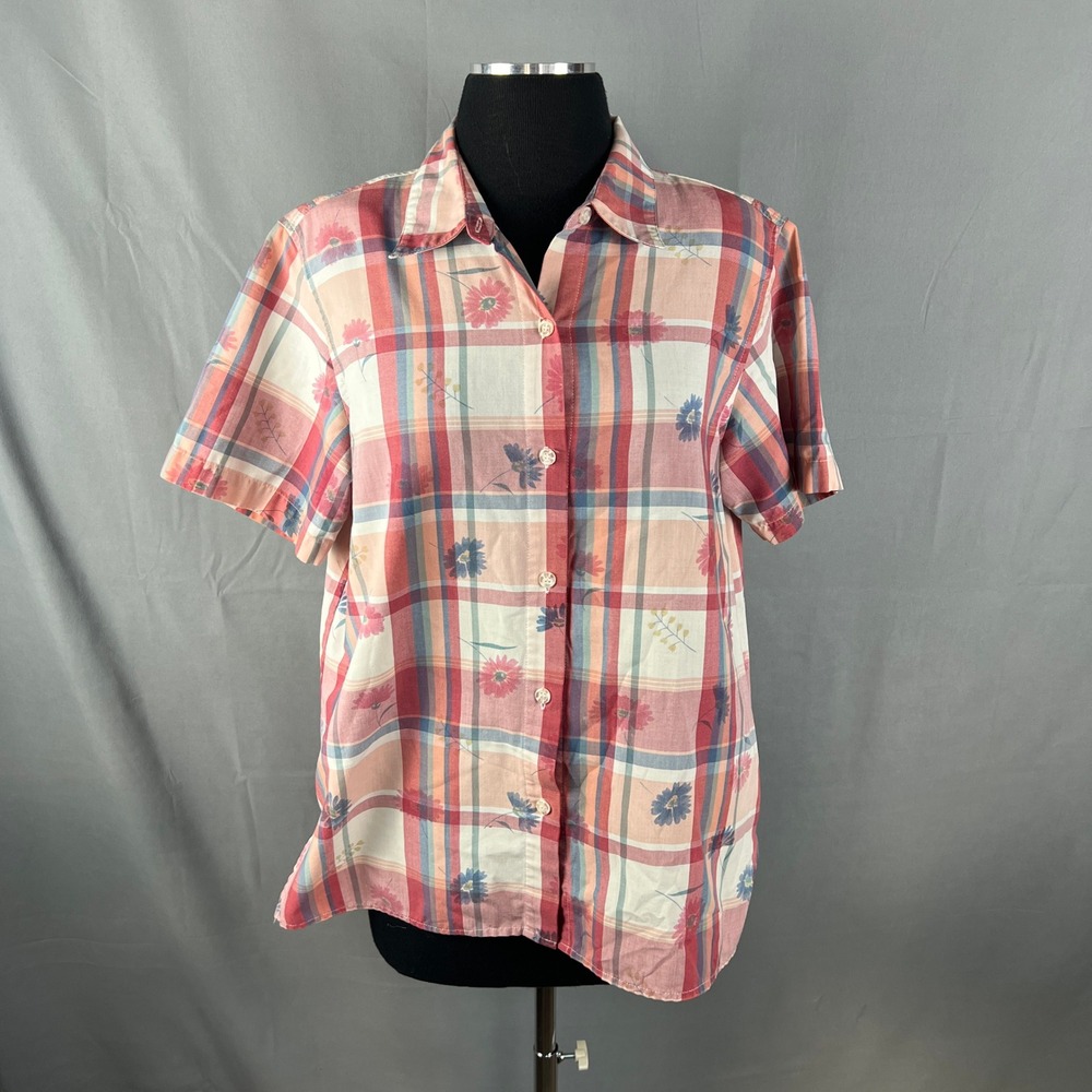 Alfred Dunner Top Women 12 Multicolor Plaid Floral Cotton Side Slit Button Front